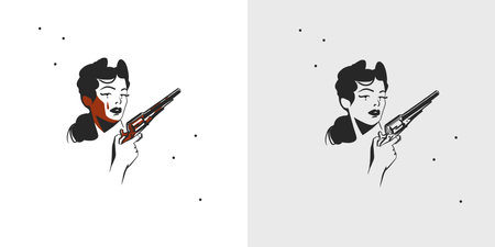 Hand drawn abstract vector graphic clipart illustration boho cowgirl in hat portrait.Western female design concept.Bohemian wild west contemporary art.Cowboy girl modern drawing.のイラスト素材