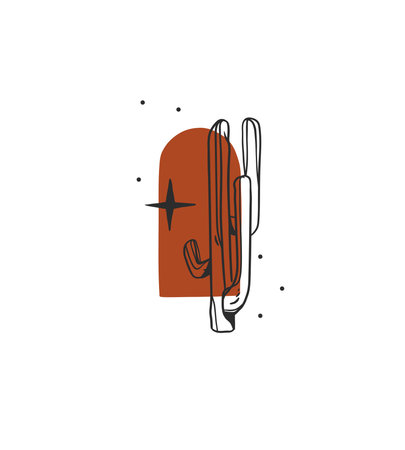 Hand drawn abstract vector graphic clipart illustration boho western print design,cactus and sunset.のイラスト素材