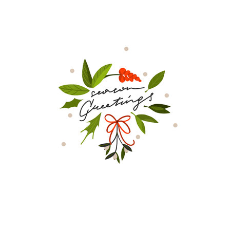 Hand drawn vector abstract graphic Merry Christmas and Happy new year clipart illustrations greeting card with flowers and Lettering.Merry Christmas cute floral card design background.Winter holiday.のイラスト素材