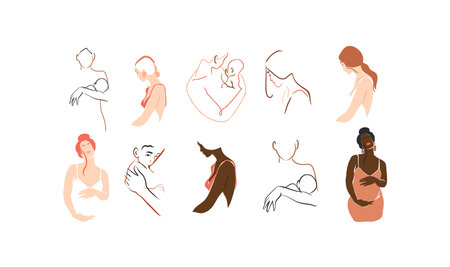 Hand drawn vector abstract stock graphic contemporary line art,aesthetic fashion illustrations collection set with beautiful modern pregnant woman with a newborn in simple trendy style,for branding.のイラスト素材