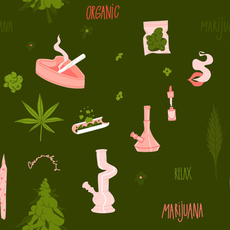 Hand drawn vector abstract graphic clipart illustration of Medical Marijuana,smoking accessories.Hemp and joint for smoking.Cannabis and weed legalization concept design.Trendy seamless pattern designのイラスト素材