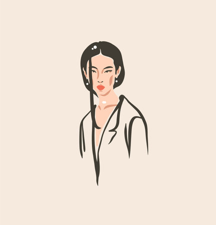 Hand drawn vector abstract stock flat graphic contemporary modern art,aesthetic fashion illustration with bohemian,beautiful modern female portrait,simple trendy style.Woman design concept art.のイラスト素材