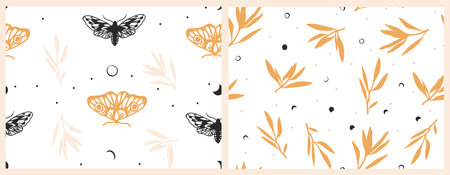 Vector abstract illustration seamless patterns set with celestial moon phases, crescent, butterfly,...
