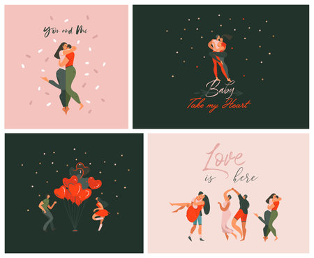 Hand drawn vector abstract graphic clipart cute Valentines Day romantic characters illustrations cards set with happy lovers couple. Vector design concept for Valentines Day, love background design.のイラスト素材