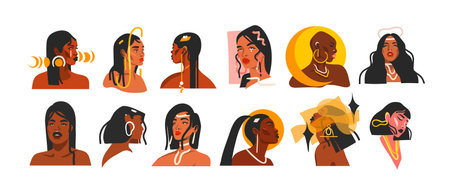 Hand drawn vector abstract stock flat graphic illustrations collection set with ethnic,feminine,boho tribal magic beautiful diverse and african american woman portrait faces,stars and magic isolatedのイラスト素材