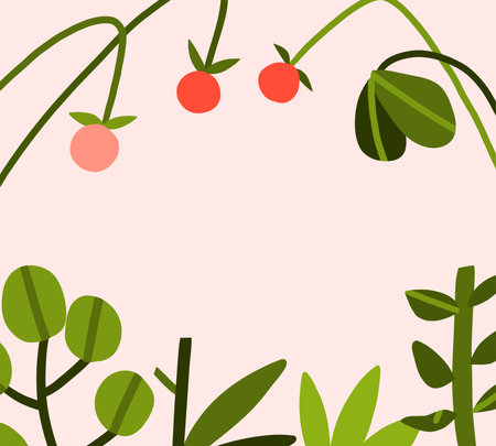 Hand drawn abstract graphic clipart illustration vector background border frame of composition with abstract boho garden nature shape,blossom flowers,leaves and berries.Modern botanical garden design.のイラスト素材