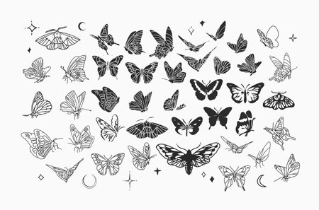 Hand drawn vector abstract graphic illustrations collection set bundle with logo elements,magic outline and silhouette of mystic flying butterfly and moth,line art style. Magic drawing butterfly icon.のイラスト素材
