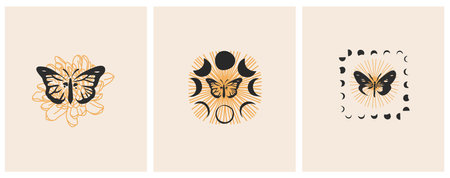 Hand drawn vector abstract graphic illustrations celestial design concept with logo magic line silhouette set of mystic flying butterfly,moth,sun and moon phase isolated. Magic drawing butterfly icon.のイラスト素材