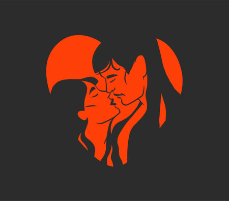 Hand drawn vector abstract graphic illustration Valentines day cards template, drawing kissing couple portrait set in heart silhouette.Love couple kissing together.Valentines beautiful design concept.のイラスト素材