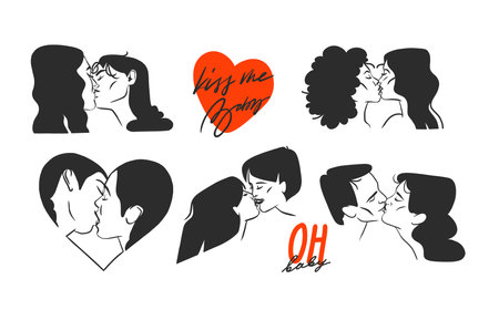 Hand drawn vector abstract graphic illustration Valentines day design,with drawing kissing couple portraits collection,outline.Love couple kissing together.Valentines day beautiful design concept.のイラスト素材