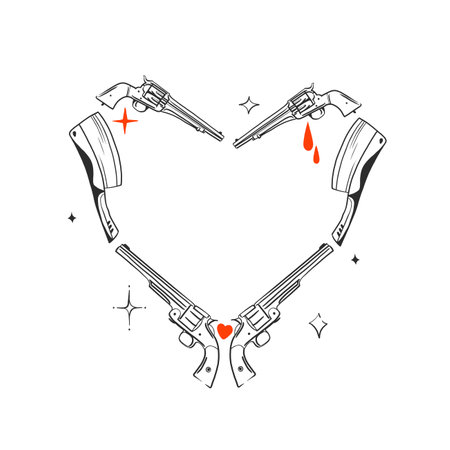 Hand drawn vector abstract graphic illustration Valentines day cards template, guns and knifes abstract heart shape silhouette frame. Love design concept outline.Valentines beautiful design concept.のイラスト素材