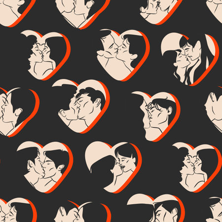 Hand drawn vector abstract graphic illustration Valentines day, drawing kissing couples seamless pattern in hearts.Love couple kissing together.Valentines lgbt design concept.Lgbt couple concept.のイラスト素材