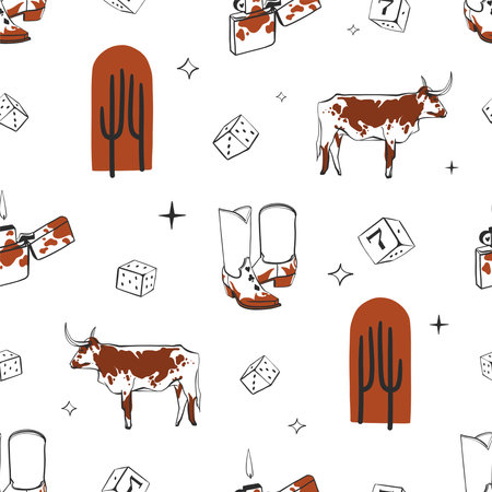 Hand drawn abstract vector graphic clipart illustration boho cowboy boots seamless pattern composition.Wild Western design concept.Bohemian wild west contemporary art.Cowboy modern line art drawing.のイラスト素材