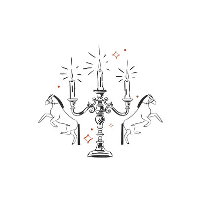 Hand drawn abstract vector graphic clipart illustration boho horses and vintage candlestick.Western female design concept.Bohemian wild west contemporary art.Cowboy modern drawing.American west logo.のイラスト素材
