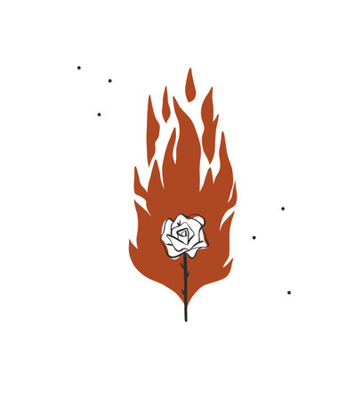 Hand drawn abstract vector graphic clipart illustration boho rose flower burning in flame logo element.Female design concept.Bohemian wild contemporary art.Cowboy girl modern drawing.Feminine logo.のイラスト素材
