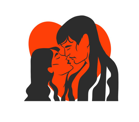 Hand drawn vector abstract graphic illustration Valentines day cards template, drawing kissing couple portrait set in line art style.Love couple kissing together.Valentines beautiful design concept.のイラスト素材