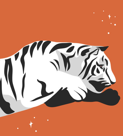Hand drawn vector abstract graphic cartoon illustration with beauty cute celestial trendy wildlife white,cute moon tiger,moon and stars isolated on color background.Magic Boho clipart elements.のイラスト素材