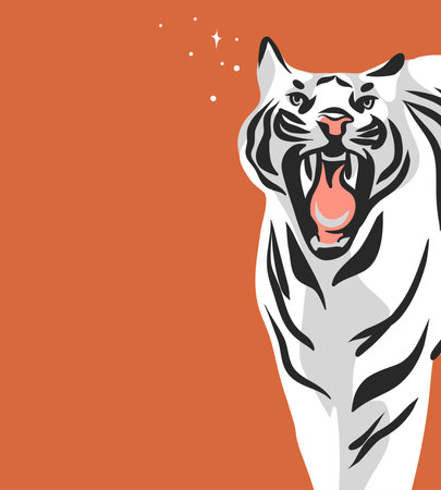 Hand drawn vector abstract graphic cartoon illustration with beauty cute celestial trendy wildlife white,cute moon tiger,moon and stars isolated on color background.Magic Boho clipart elements.のイラスト素材