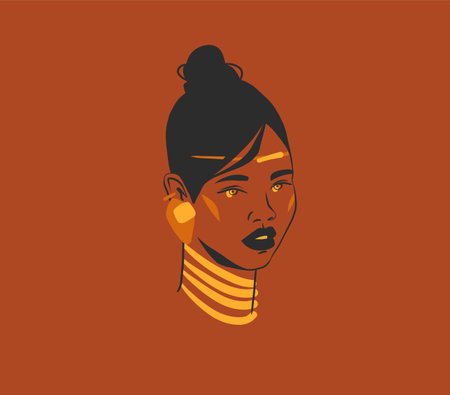 Hand drawn vector abstract outline,graphic,line art young african american woman portrait in minimalistic modern style.African national culture female fashion character.Outline african woman art.のイラスト素材