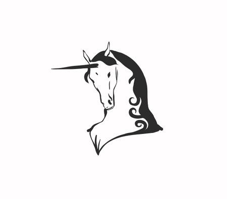 Hand drawn vector abstract outline,graphic,line art magic unicorn head portrait in minimalistic modern style.Black witchy unicorn outline character design concept.Outline unicorn silhouette isolated.のイラスト素材