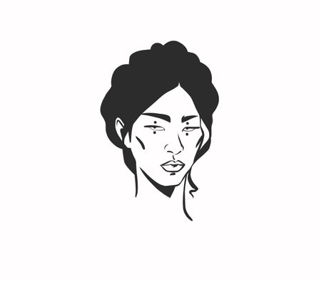 Hand drawn vector abstract outline,graphic,line art magic young witch female portrait in minimalistic modern style.Black witchy girl outline character design concept.Outline witch silhouette isolated.のイラスト素材