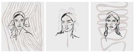 Hand drawn vector abstract graphic line art simple,contemporary collection set with boho feminine aesthetics.,woman portraits.Fashion feminine concept design for wall decor,print,wallpaper,background.のイラスト素材