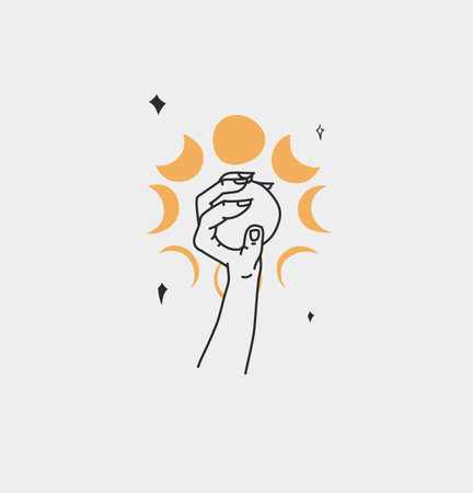 Hand drawn vector abstract outline,graphic,line art magic human hand with moon and stars logo in minimalistic modern style.Moon and stars sign outline design concept.Outline moon silhouette isolated.のイラスト素材