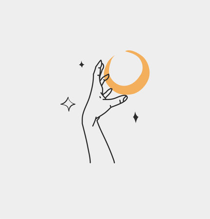 Hand drawn vector abstract outline,graphic,line art magic human hand with moon and stars logo in minimalistic modern style.Moon and stars sign outline design concept.Outline moon silhouette isolated.のイラスト素材