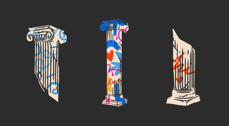 Hand drawn vector abstract outline,graphic,contemporary greek ancient sculpture statue column line modern drawing.Antique classic architecture statue in trendy graffity style,outline design concept,のイラスト素材
