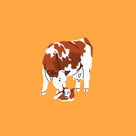 Hand drawn abstract vector clipart illustration collection with brown adorable cute, stylized cow and calf character.Trendy modern design concept.Vector cartoon farm animal symbol. Cartoon cow animal.のイラスト素材