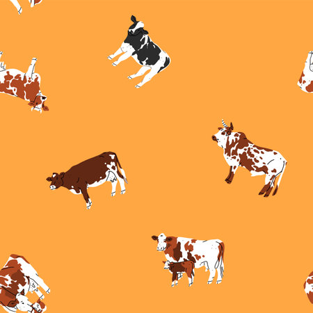 Hand drawn abstract vector clipart illustration seamless pattern with adorable cute,cow characters silhouettes.Trendy modern art design concept.Vector cartoon farm animals symbol. Cartoon cow animal.のイラスト素材