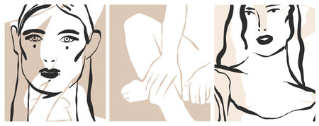 Hand drawn vector abstract graphic line simple,contemporary collection print set with female figures silhouette shapes.Fashion feminine concept design for wall decor,print,poster,wallpaper,backgroundのイラスト素材