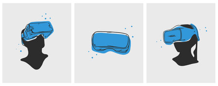 Hand drawn vector abstract graphic line art collection with virtual reality technology headset...