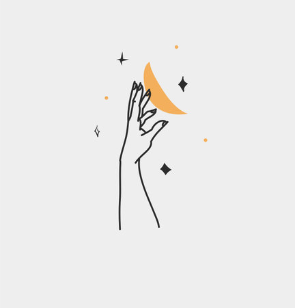 Hand drawn vector abstract outline,graphic,line art magic human hand with moon and star logo in minimalistic modern style.Moon and star sign outline design concept.Outline astrology line art isolated.のイラスト素材