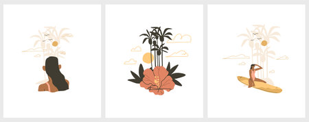 Hand drawn vector abstract graphic summer time cartoon,minimalistic style illustrations print with bohemian beautiful girls sunbathes and relax on the sunset palm beach,isolated on white background.のイラスト素材