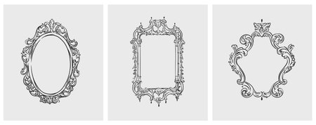 Hand drawn vector abstract outline,graphic,line art vintage baroque ornament floral frames set in minimalistic modern style.Baroque floral vintage outline design concept.Vector antique frame isolated.のイラスト素材