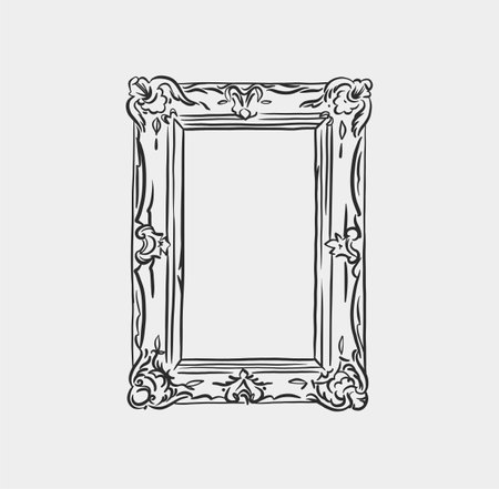 Hand drawn vector abstract outline,graphic,line art vintage baroque ornament floral frame in minimalistic modern style.Baroque floral vintage outline design concept.Vector antique frame isolated.のイラスト素材