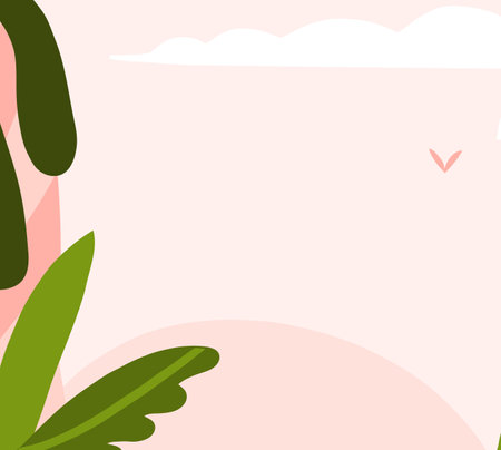 Hand drawn abstract graphic clipart illustration vector background poster print of composition with abstract pink nature sky with clouds and flying birds,tropical landscape panorama with copy space.のイラスト素材