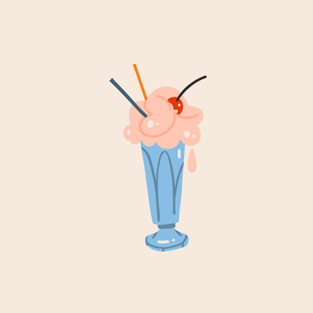 Drawn vector abstract doodle cartoon sweet ice cream drink milkshake cocktail with whipped cream in glass illustration, isolated.Sweet vector milkshake tasty dessert menu element. Summer ice drink.のイラスト素材