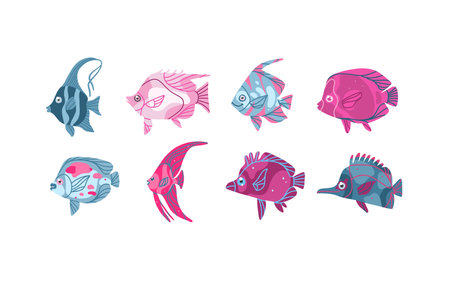 Hand drawn vector abstract cartoon marine underwater set of cute ocean color fishes. Fish characters concept for funny kids design. Flat cartoon sea fish vector design isolated on color background.のイラスト素材