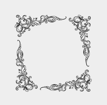 Hand drawn vector abstract outline,graphic,line art vintage baroque ornament floral frame in minimalistic modern style.Baroque floral vintage outline design concept.Vector antique frame isolated.のイラスト素材