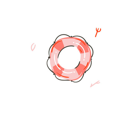 Hand drawn vector abstract cartoon graphic beach vector lifebuoy beach summer isolated. Pool lifesaver ring cartoon icon colorful. Inflatable beach sea water ring cartoon illustration design concept.のイラスト素材