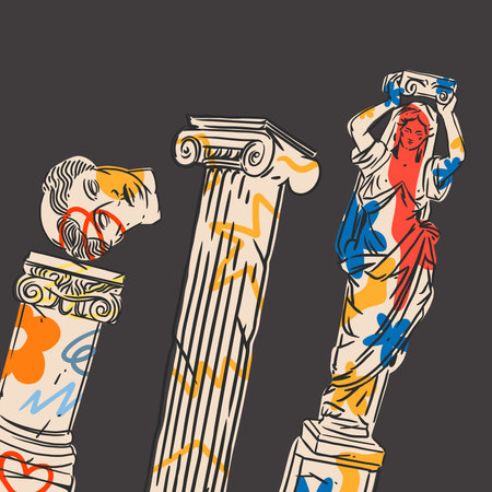 Hand drawn vector abstract graphic, antique ancient sculpture statues and column line art modern poster art.Antique vintage classic sculpture in trendy line style.Antique statue design background.のイラスト素材
