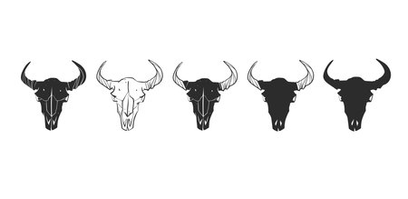 Hand drawn vector abstract graphic line art collection set of mystical and esoteric bull and cow animal skull ,isolated on white background.Skull bull Vector drawn sketch illustration and silhouette.のイラスト素材