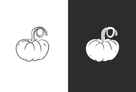 Hand drawn vector abstract graphic,black and white silhouette autumn vegetable,harvest thanksgiving and Halloween pumpkin set.Halloween outline autumn vegetable harvest design concept.Autumn symbol.のイラスト素材