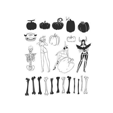 Hand drawn vector abstract graphic line art and silhouette Halloween big set of creepy characters,pumpkins,skull and bones isolated.Halloween outline scary graphic design concept decoration icons.のイラスト素材