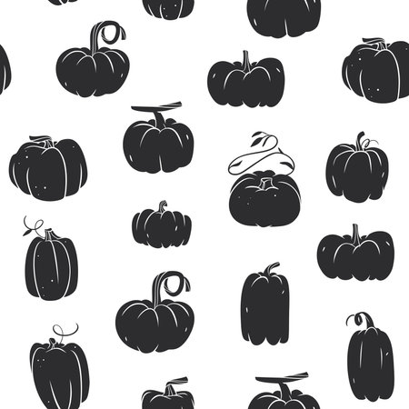 Hand drawn vector abstract graphic,black,silhouette autumn vegetable,harvest thanksgiving and Halloween pumpkin seamless pattern.Halloween autumn vegetable harvest design concept.Autumn symbol.のイラスト素材