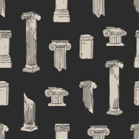 Hand drawn vector abstract graphic, greek ancient sculpture statues and column line art modern seamless pattern.Antique vintage classic sculpture columns line style.Antique statue design background.のイラスト素材