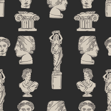 Hand drawn vector abstract graphic, greek ancient sculpture statues and column line art modern seamless pattern.Antique vintage classic sculpture in trendy line style.Antique statue design background.のイラスト素材