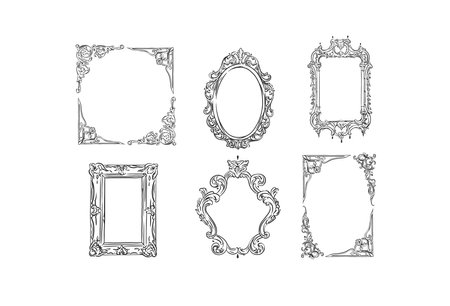 Hand drawn vector abstract outline,graphic,line art vintage baroque ornament floral frames set in minimalistic modern style.Baroque floral vintage outline design concept.Vector antique frame isolated.のイラスト素材